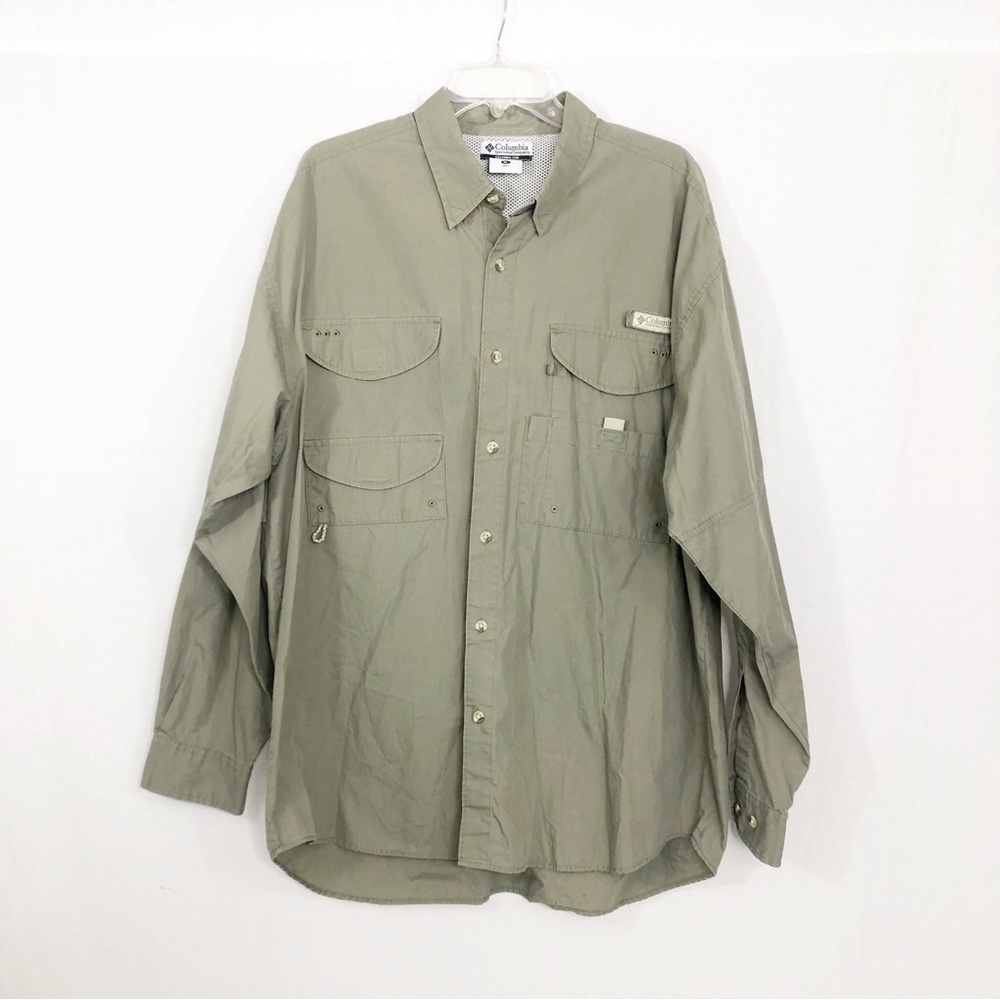 Columbia Mens PFG Long Sleeve Button Front Fishing Shirt, Size XL, Gray Taupe